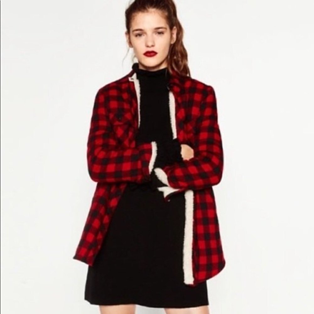 Zara Red Buffalo Check Plaid Sherpa Lined Oversized Shacket Jacket Size Small